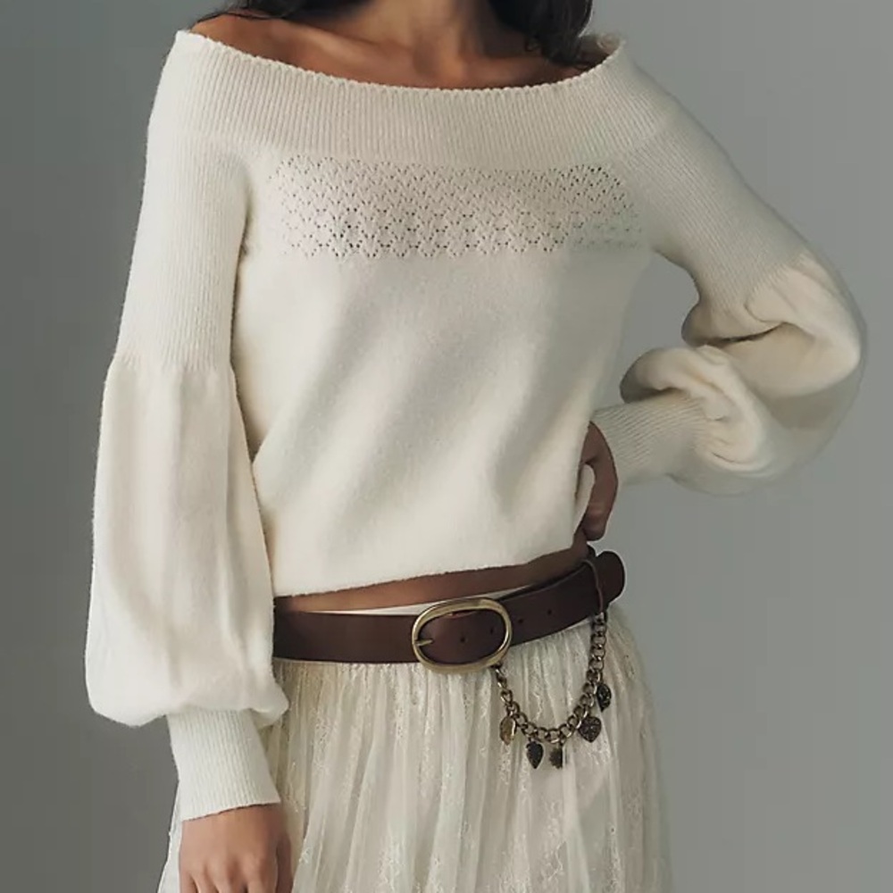 Anthropologie Women’s Ivory Wool Off-Shoulder Ruffle-Edge Sweater Size M